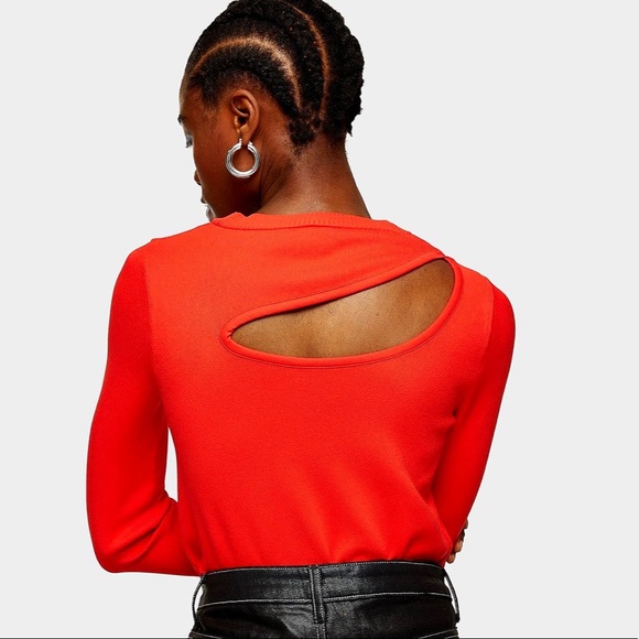 Topshop loop cut out cherry red sweater size M elegant understated dress up/down - Picture 2 of 7